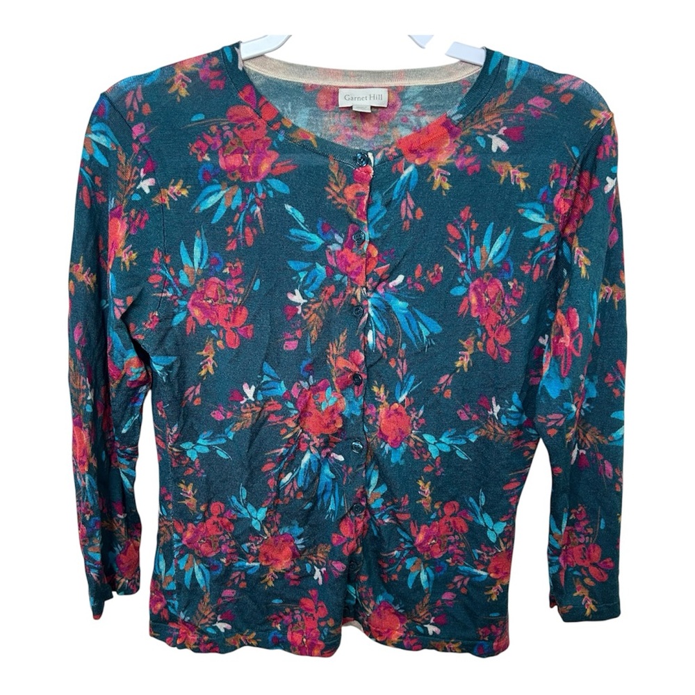 Garnet Hill Floral Merino Wool Spring Button-Up Half Sleeve Cardigan